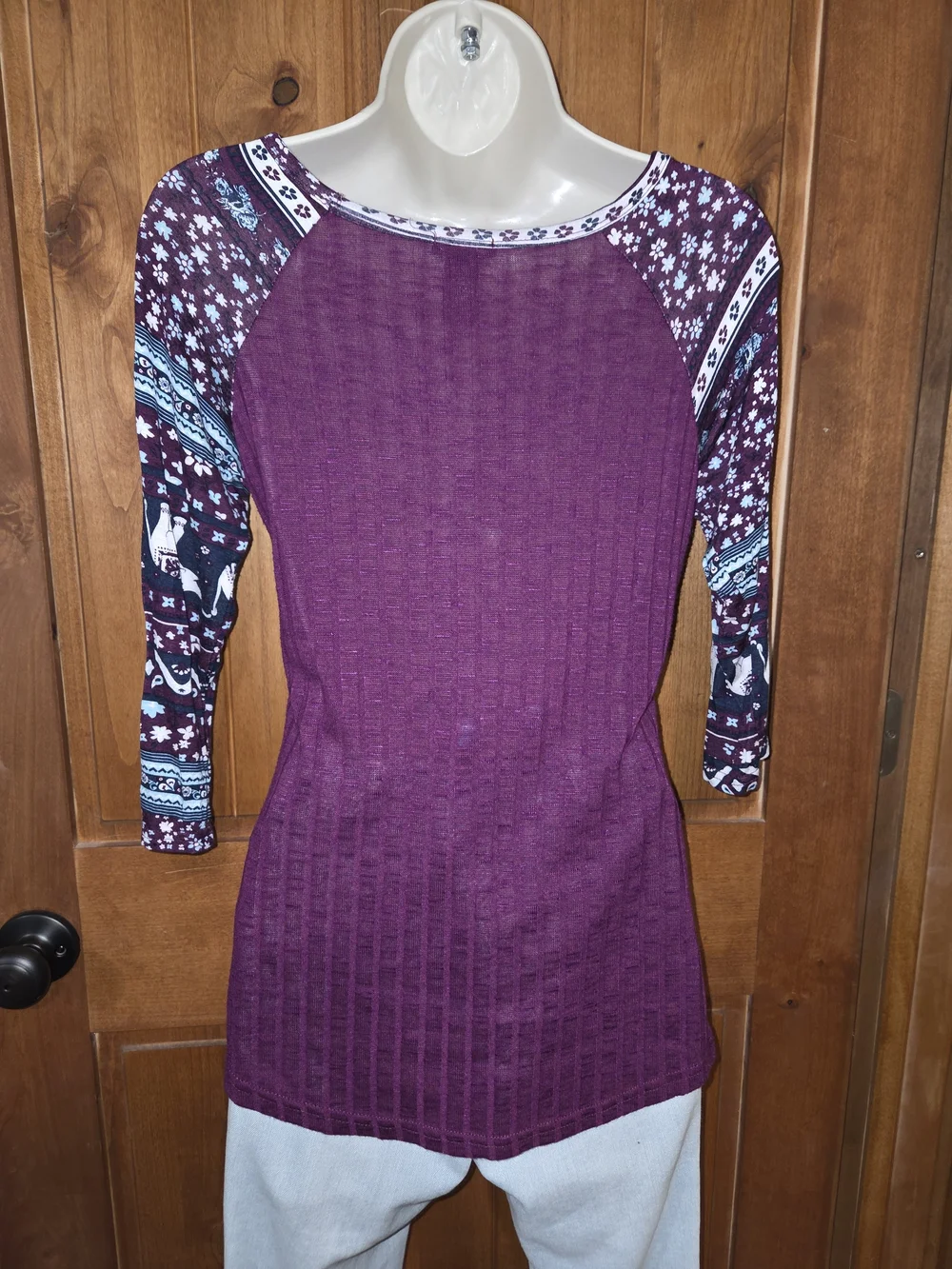 Rue21 Purple Ribbed Scoop‎ Neck Top with Patterned Raglan Sleeves